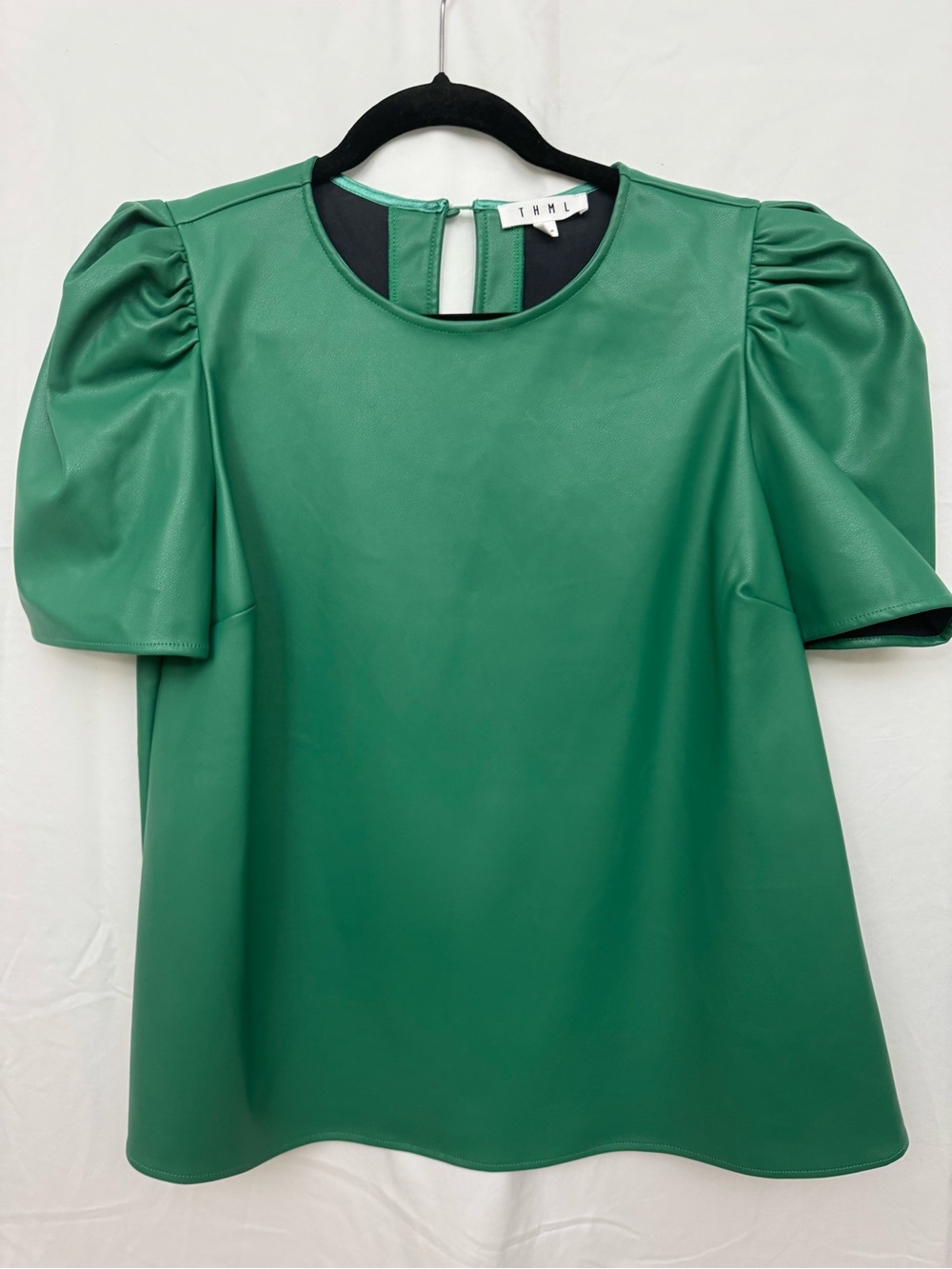 THML Green Puff Sleeve Faux Leather Top